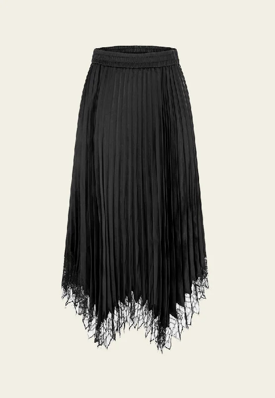 Black Satin Pleated Midi Skirt