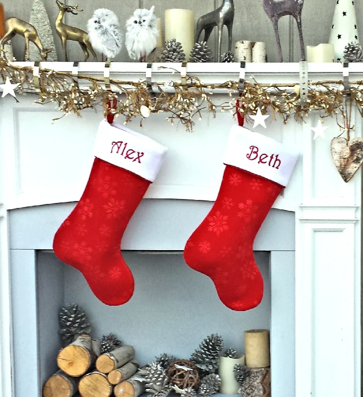 Personalized Stocking - Etched Snowflake Red Velvet, Gorgeous Metallic Red Rope Trim, Name Custom Embroidered Christmas Stockings Holiday