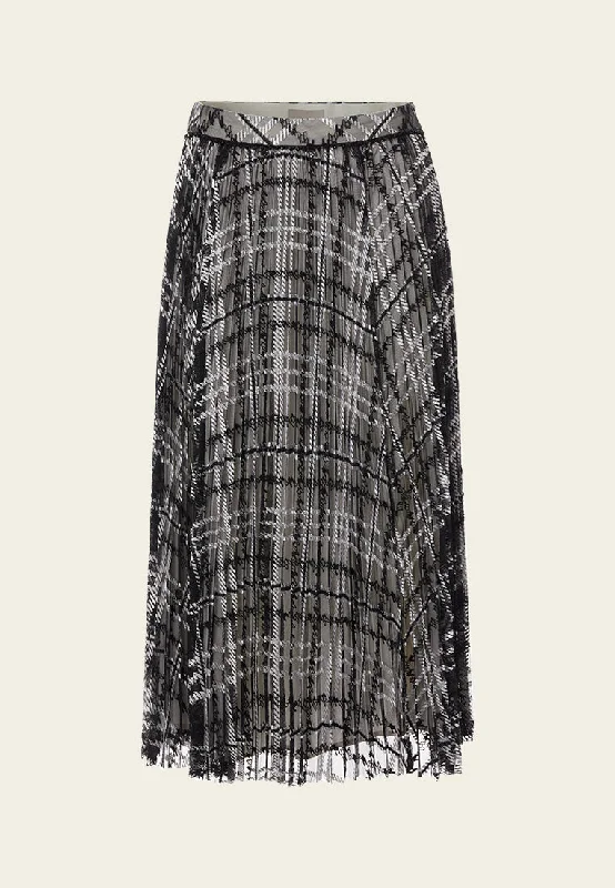 Checked-embroidered Mesh Pleated Skirt