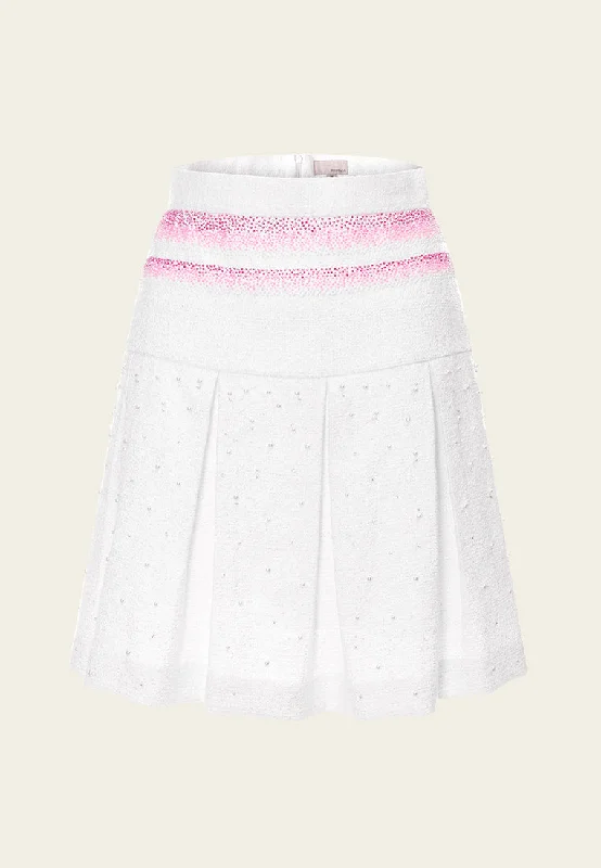 Pink Stripe White Tweed Pleated Skirt