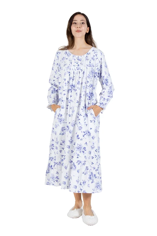 La Cera Porcelain Blue Floral Flannel Gown