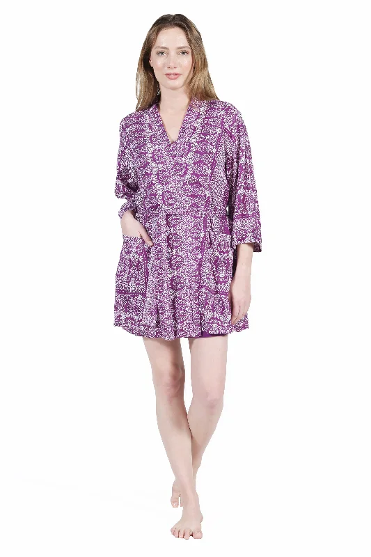 La Cera Rayon Purple and White Printed Robe