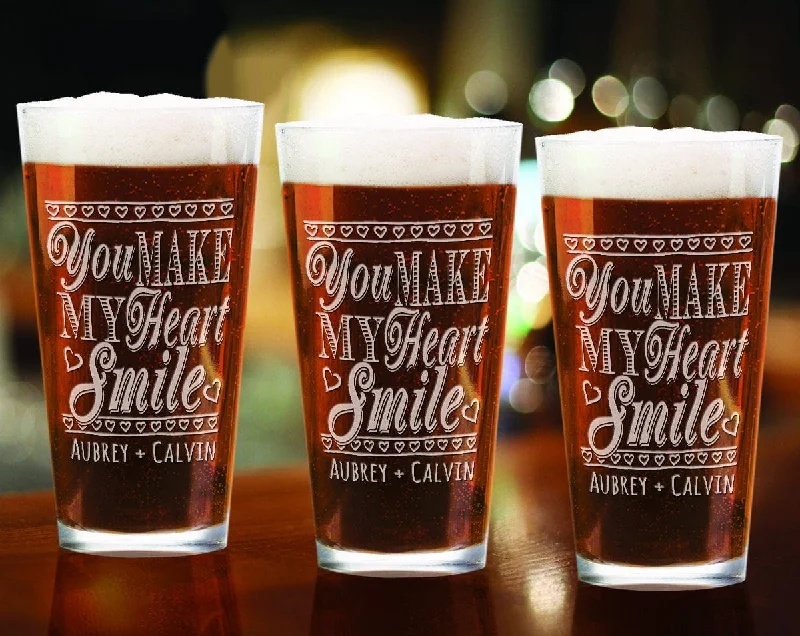 You Make My Heart Smile Personalized Pub Glass Happy Valentines Day Boyfriend Girlfriend First Valentine's Day Couples Gift for Wife Husband