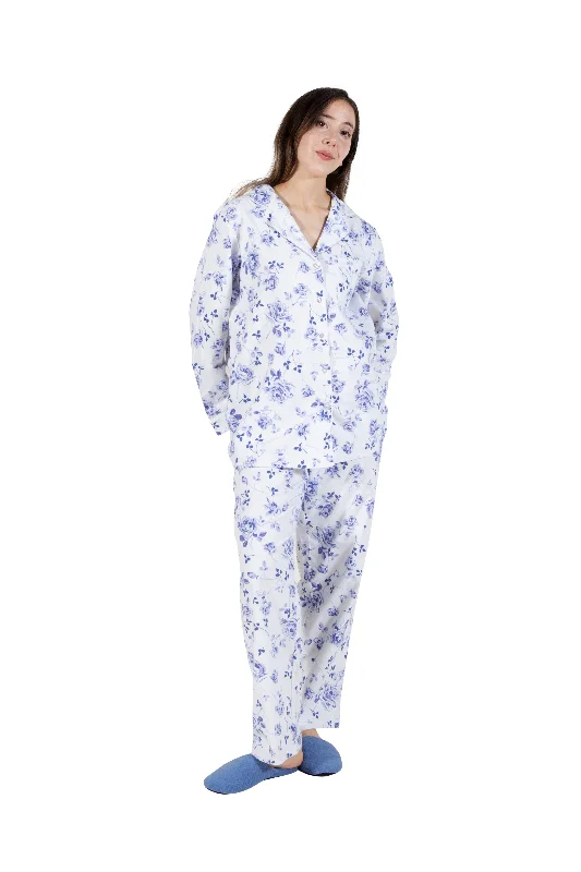 La Cera Porcelain Blue Floral Flannel PJ