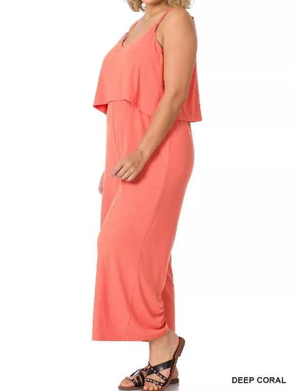 Ribbed Double Layer Jumpsuit In Deep Coral