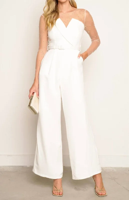 Long Sleeve Mesh Jumpsuit In White