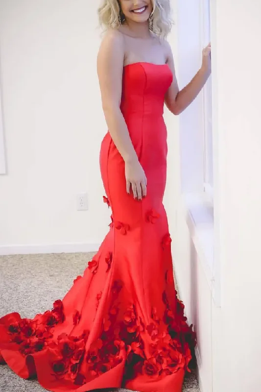 Red Strapless Scoop Mermaid Satin Appliques Sleeveless Long Prom Dress