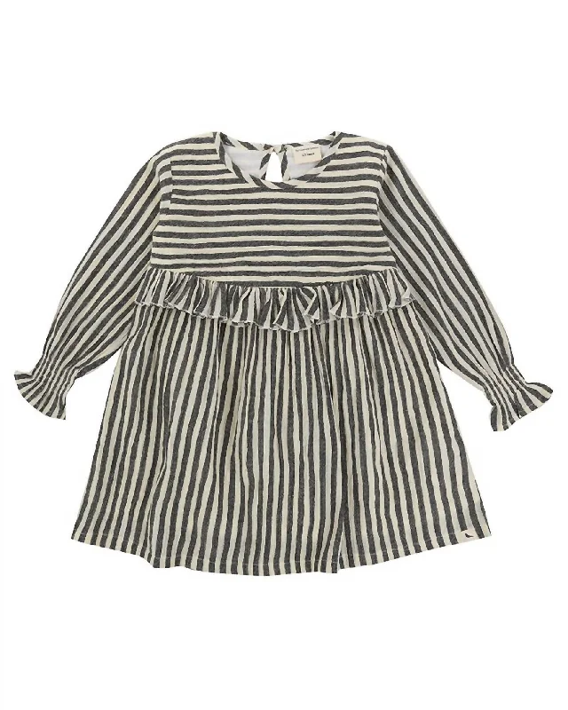 Woven Striped Longsleeve Dress In Grey/cream