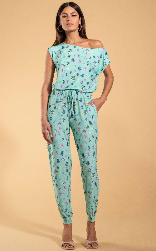 Billie Slinky Jumpsuit in Turquoise Ditsy Floral