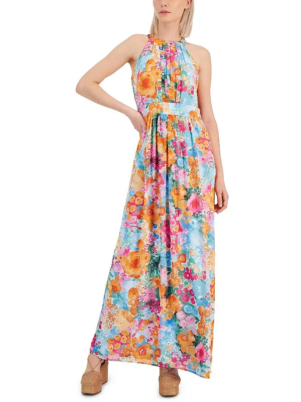 Womens Pleated Floral Print Maxi Dress