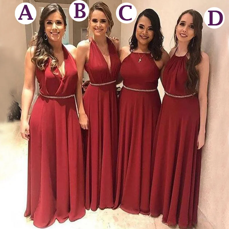 Mismatched Rust Red A-line Elegant With Belt Long Bridesmaid Dress, BD3207