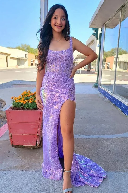 Purple Straps Square Appliques Mermaid Long Prom Dress with Slit