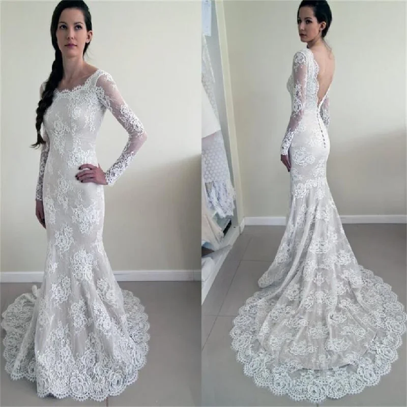 Long Sleeves Lace V-Back Elegant New Design Mermaid With Train Wedding Dresses,  WD0231