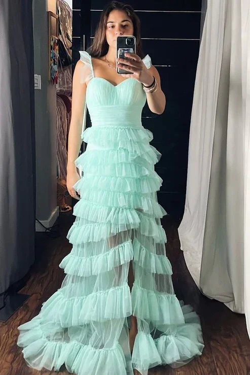 Mint A-Line Straps Sweetheart Layered Tulle Long Prom Dress with Slit