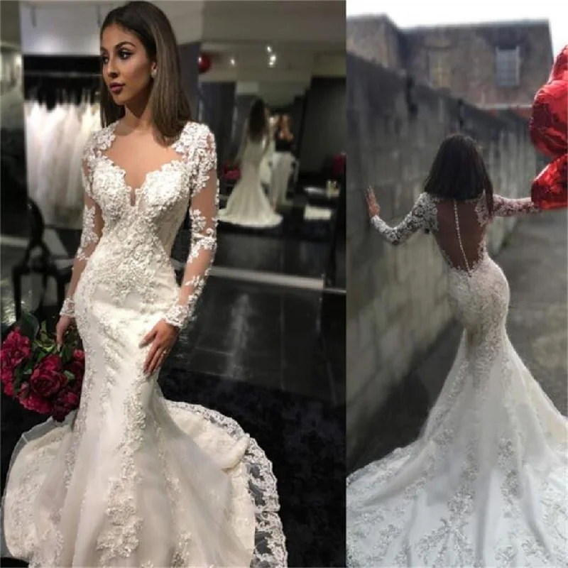 Long Sleeves Charming Mermaid Bridal Dresses Tulle Appliques Wedding Dress , PD0222