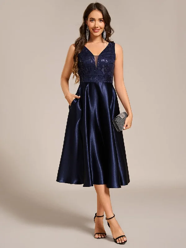 Sleeveles A-Line Midi Satin Wedding Guest Dress with Pockets