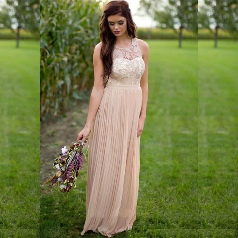 Elegant Blush Pink Strapless Lace Top Flowy Long Bridesmaid Dress, BD3125