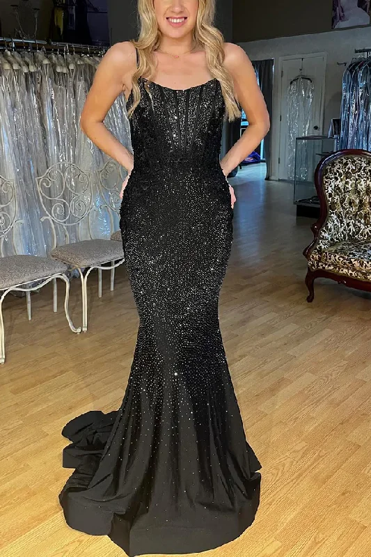 Black Spaghetti Straps Beading Mermaid Sleeveless Long Prom Dress