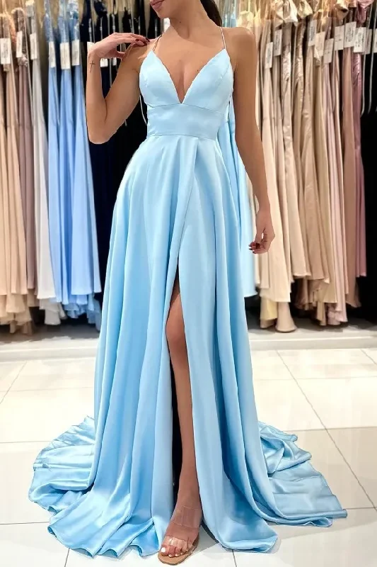 Satin Spaghetti Straps A-Line V-Neck Pleated Long Prom Dress with Slit