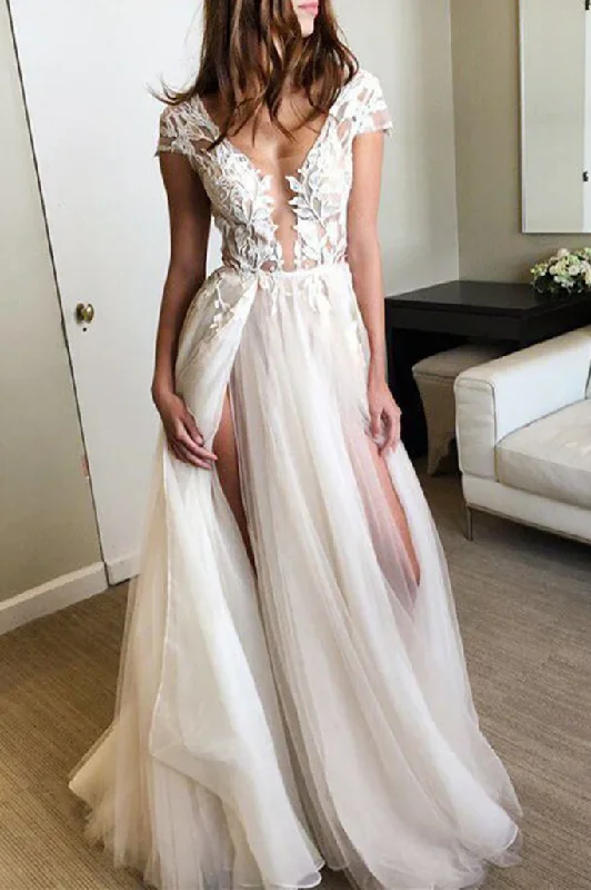 A-Line V-Neck Empire-Waist Appliques Tulle Long Prom Dress with Slit