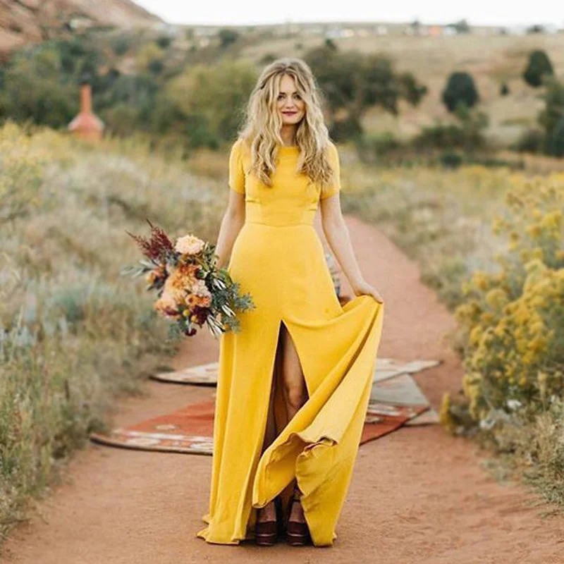 Short Sleeves Yellow Backless Long Simple Elegant Bridesmaid Dresses, WD0461