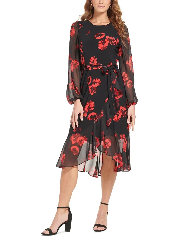 Petites Womens Floral Print Calf Midi Dress