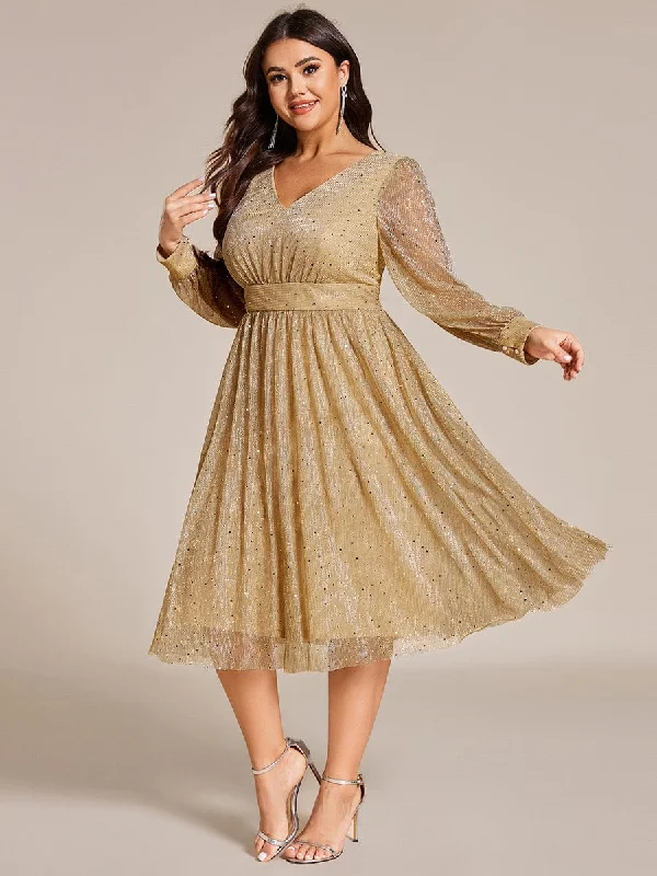 Plus Size Glitter Midi Wedding Guest Dress with Long Sleeves