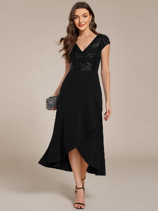 Short Sleeve V-Neck Midi Sequin Formal Dress with Chiffon