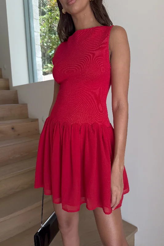 Ashleigh Knit And Chiffon Mini Dress - Red