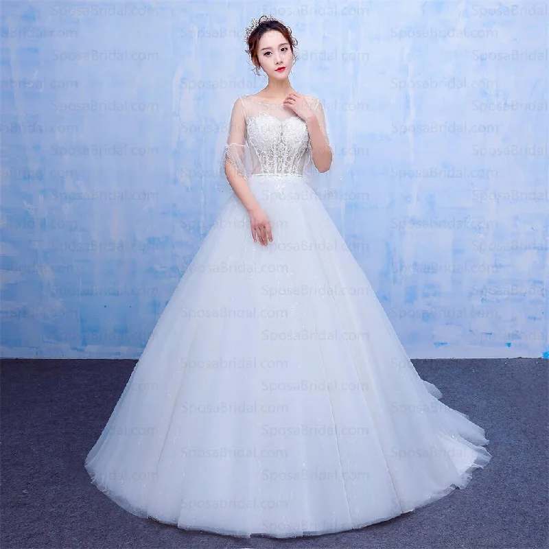 New Design A-line White Top See-Through Half Sleeves Modest Wedding Dresses, WD0220