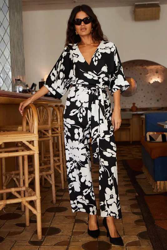 Winona Kimono Jumpsuit In White On Black Floral