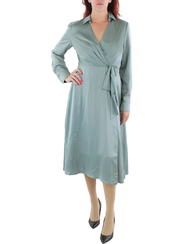 Womens Charmeuse Long Sleeves Midi Dress