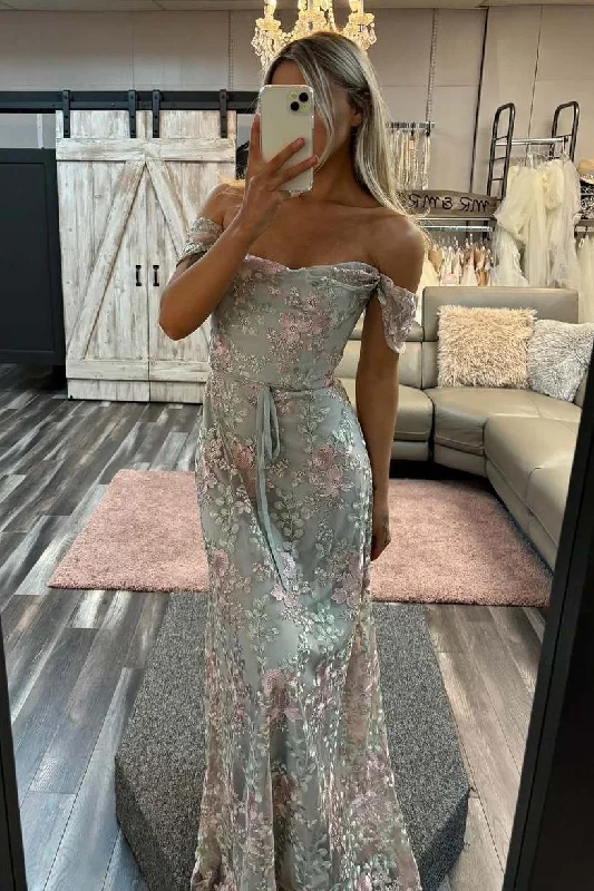 Off-Shoulder 3D Floral Appliques Mermaid Long Prom Dress