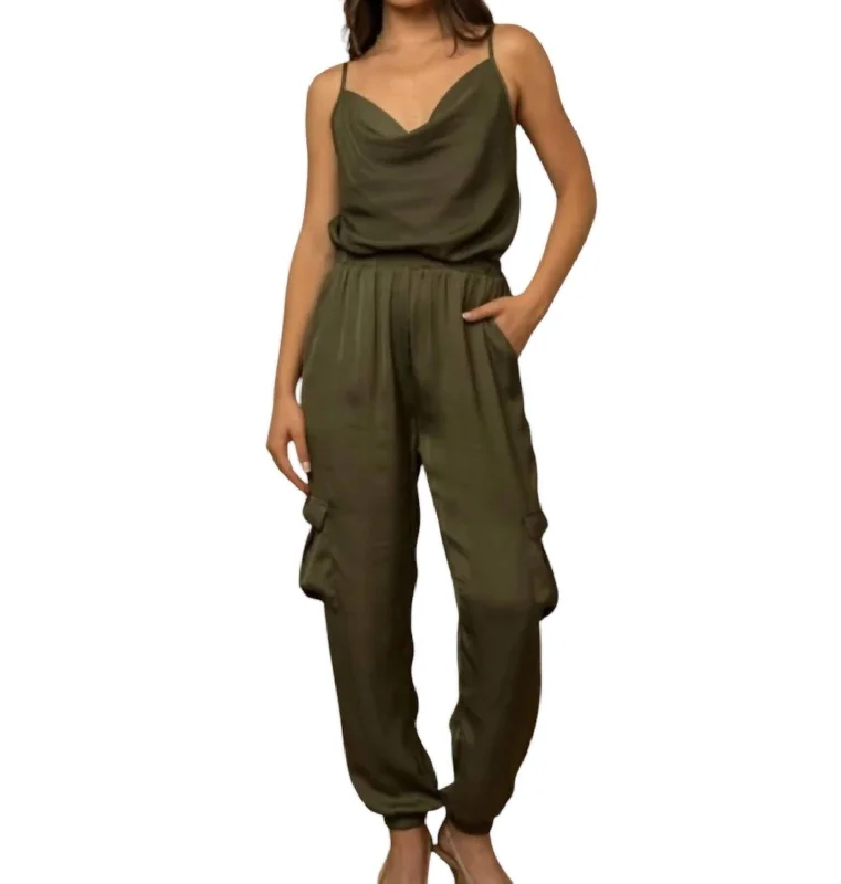 Shoulder Strap Cargo Jumpsuit In Olive