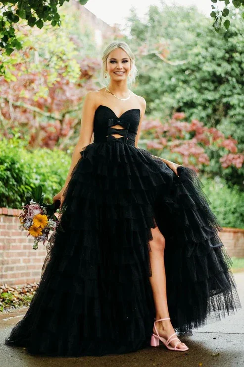 Black Strapless Bow Layered Tulle A-Line Empire-Waist Long Prom Dress