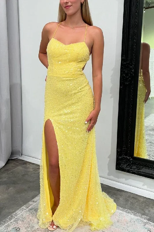 Yellow Spaghetti Straps Mermaid Sequins Beading Long Prom Dress with Slit