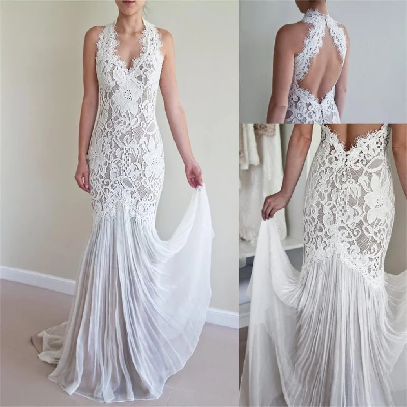 Mermaid Lace Unique Design Elegant  Flowy Keyhole Back Wedding Dresses,  WD0229