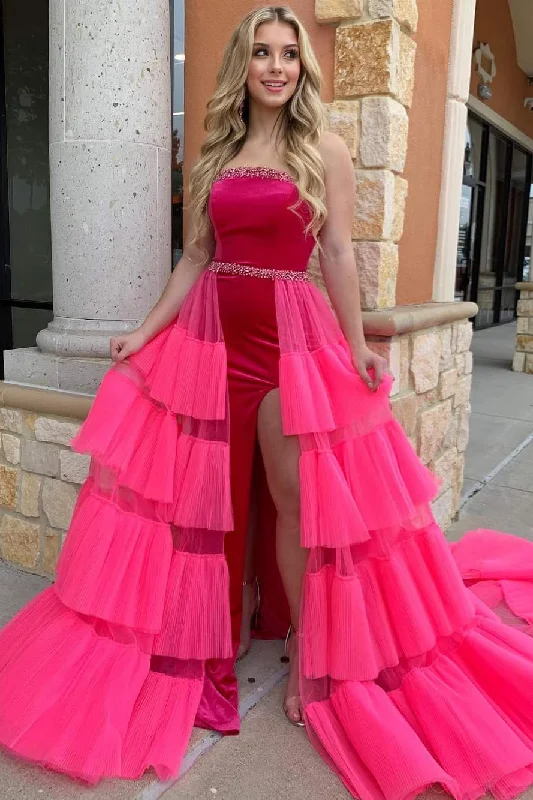 A-Line Strapless Scoop Beads Layered Tulle Long Prom Dress with Slit