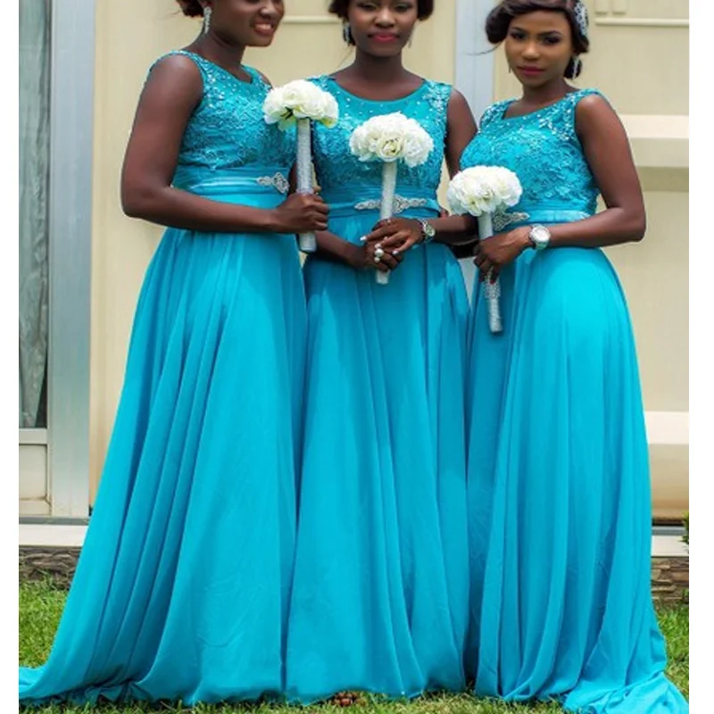 Malibu Blue Sleeveless Round-neck Lace Top Chiffon Long Bridesmaid Dress, BD3048