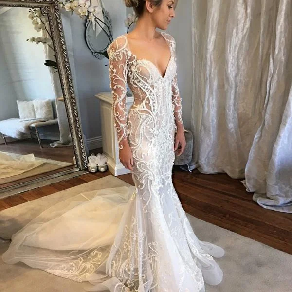 Long Sleeves Mermaid V-Neck Court Train Lace Unique Design Newest Long Wedding Dresses, WD0161