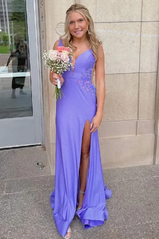 Mermaid Deep V-Neck Appliques Side Slit Long Prom Dress with Train