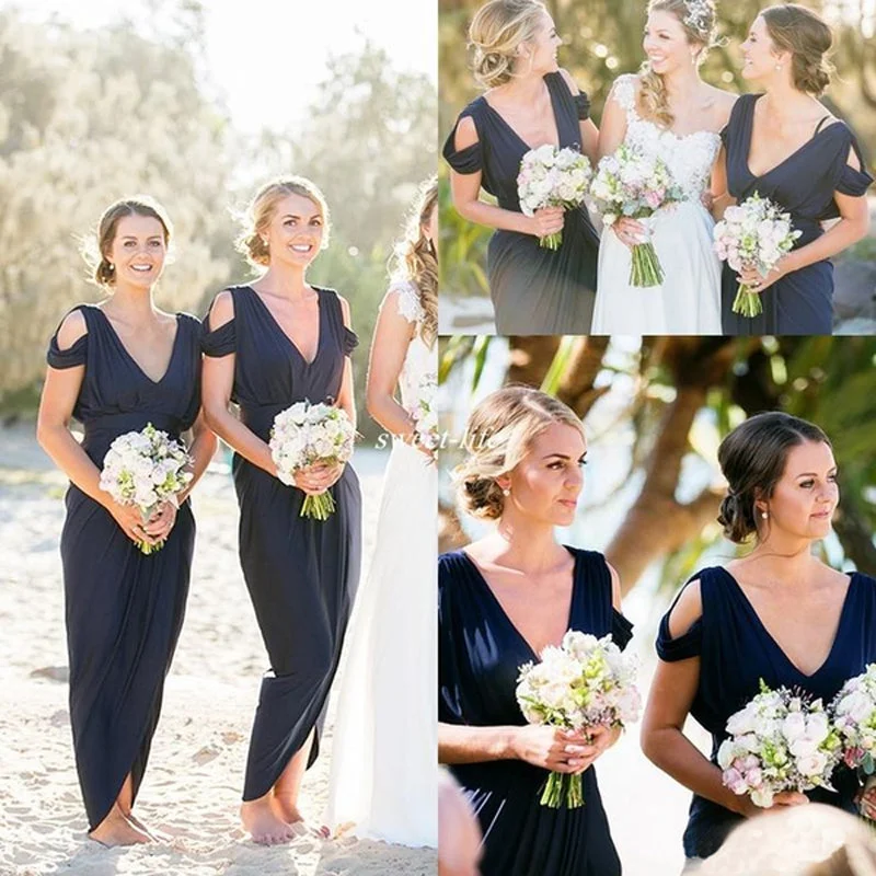 Elegant Dark Navy Blue Side-slit Mermaid Long Bridesmaid Dresses, WG823