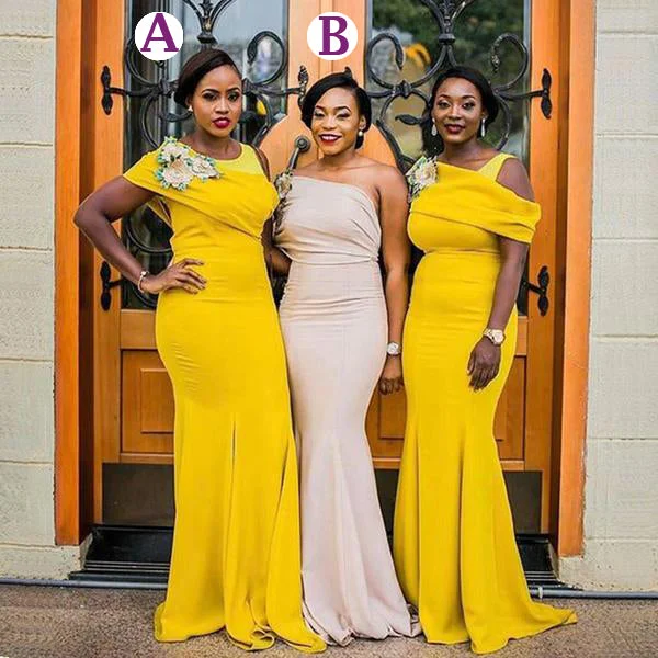 Yellow Unique Mermaid Long Modest Bridesmaid Dresses WG870