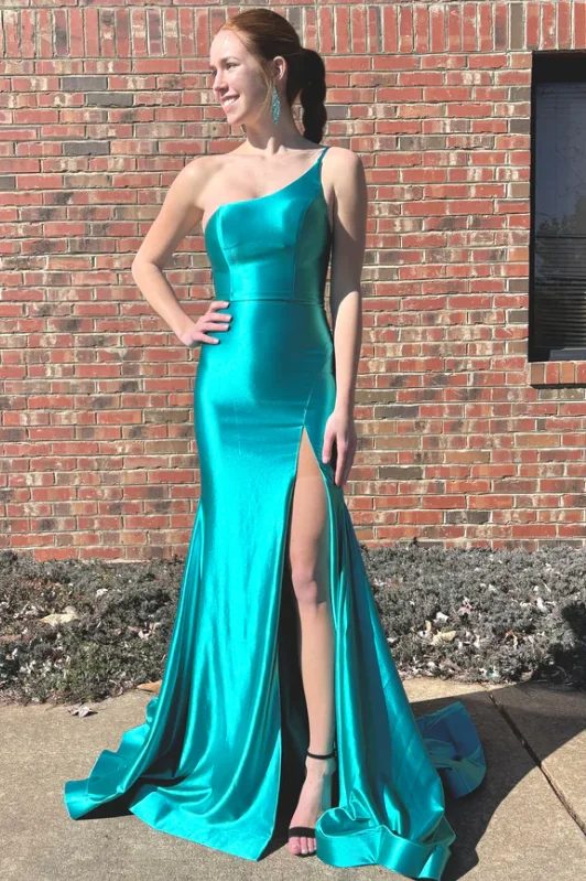 One Shoulder Mermaid Sleeveless Satin Pleated Long Prom Dress with Slit