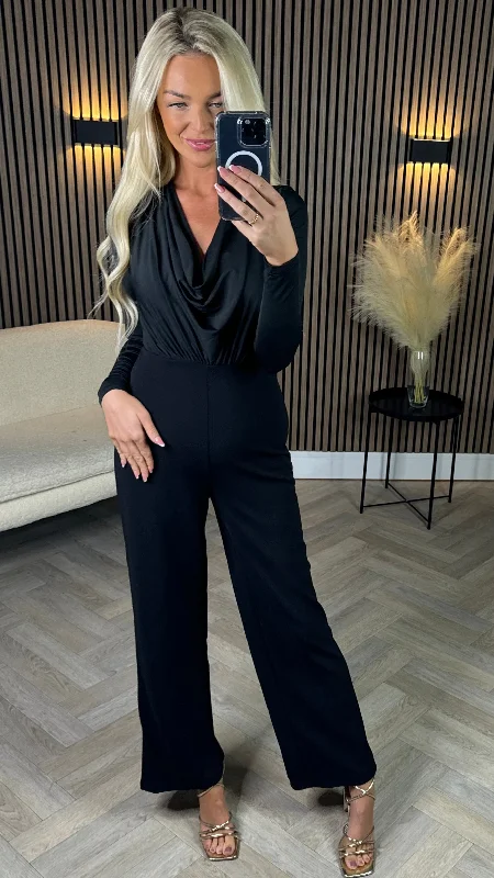 Kella Black Cowl Neck Long Sleeve Jumpsuit