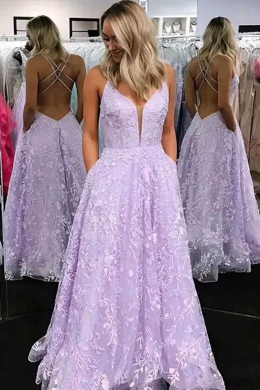 Lilac Spaghetti Straps V-Neck Appliques Long Prom Dress with Pockets