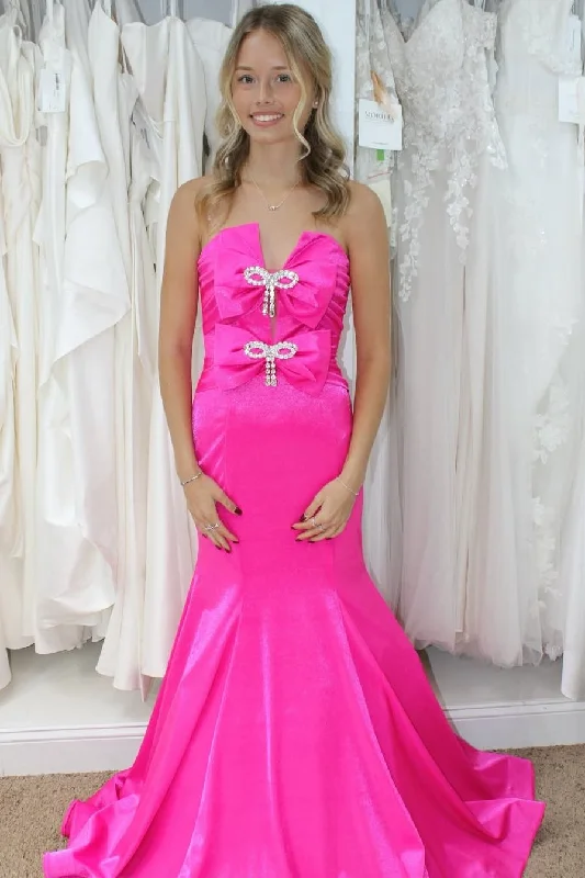 Pink Strapless Mermaid Bows Satin Pleated Long Prom Dress