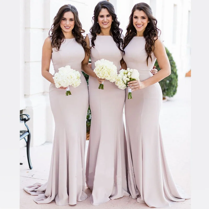 Elegant Blush Pink High-neck Sleeveless Mermaid Long Bridesmaid Dress, BD3123