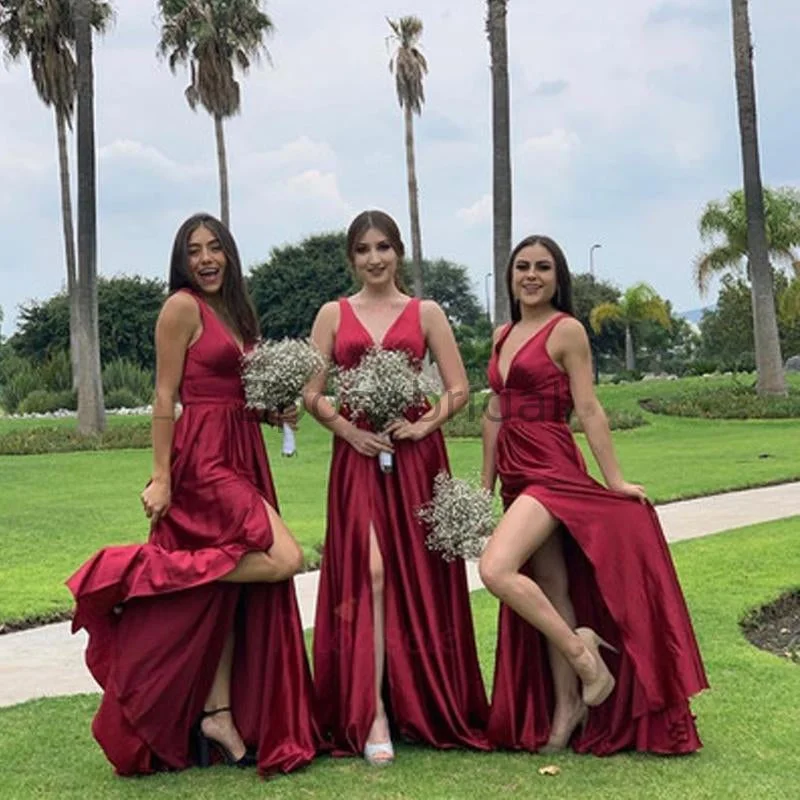 Elegant V-Neck Long Bridesmaid Dresses with Slit, Formal Bridesmaid Dresses, PD1624