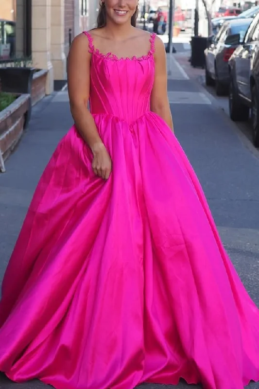 Hot Pink A-Line Straps Square Neck Satin Pleated Long Prom Dress